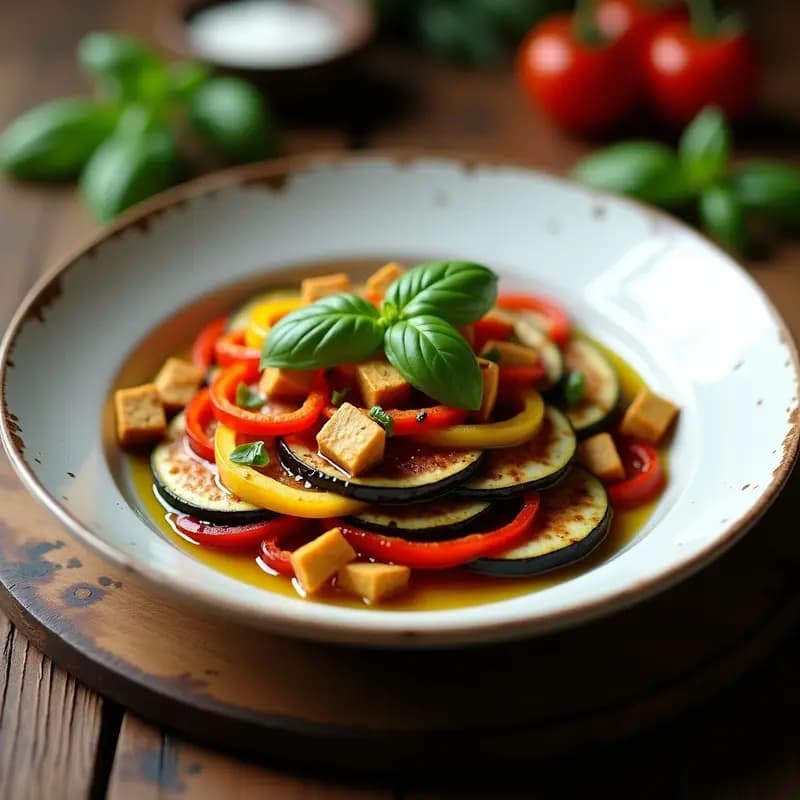 Plato hondo de cerámica blanca con ratatouille vegana en capas de berenjena, calabacín y pimientos, coronada con tofu ahumado dorado y almendras fileteadas, estilo francés gourmet.