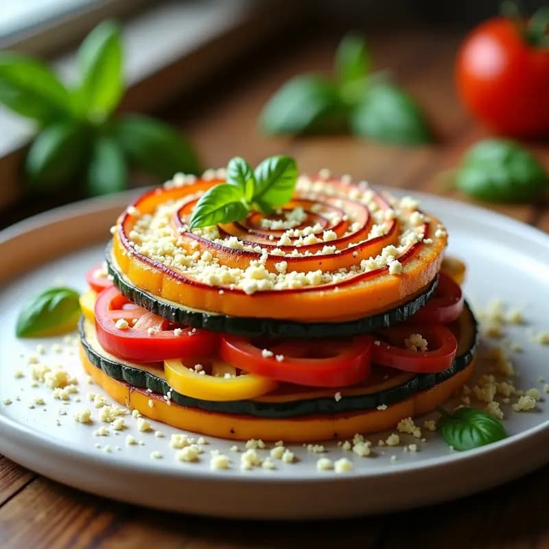 Ratatouille en torre con queso de cabra vegano en molde redondo, capas de berenjena, calabacín, tomate y pimiento asomando, con queso dorado en la parte superior, servida en plato blanco rústico.