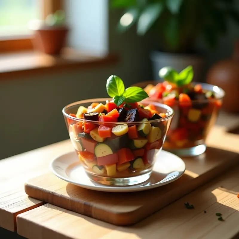 Dos vasitos de cristal transparente con ratatouille en capas, berenjena, calabacín, pimiento y tomate cocinados al microondas, decorados con albahaca fresca. Plato vegano francés rápido y colorido sobre fondo de madera clara.