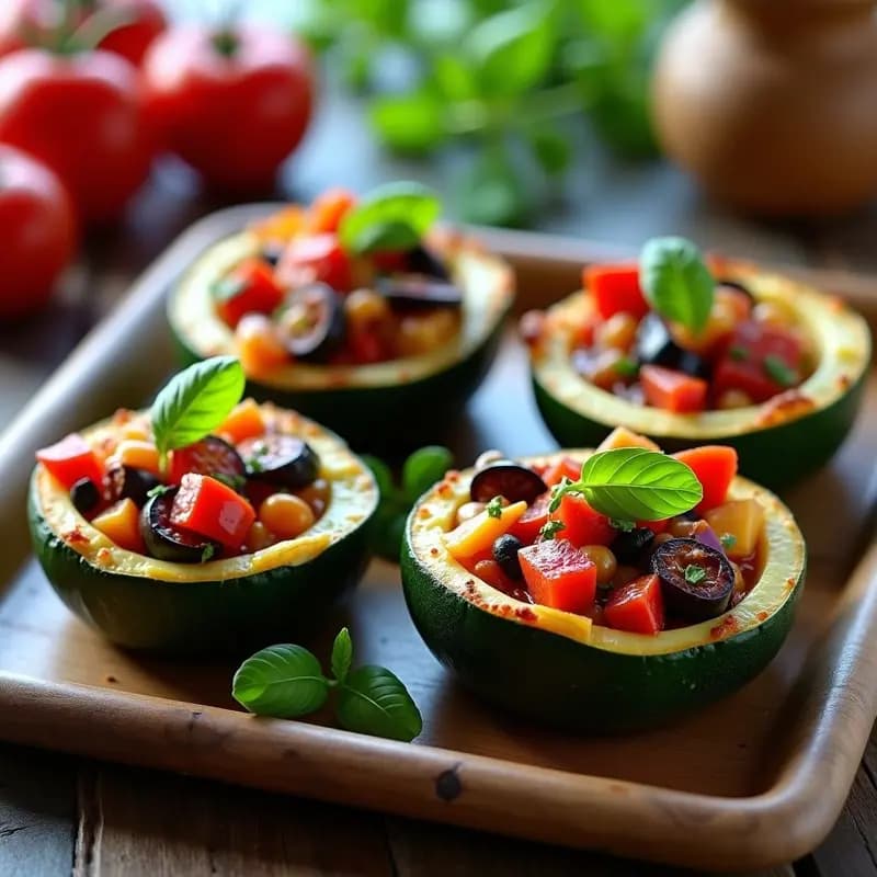 Vista cenital de cuatro vasitos de calabacín redondo horneados rellenos de ratatouille francesa, con verduras en dados dorados y hierbas provenzales. Presentación elegante en bandeja de madera rústica con luz natural.