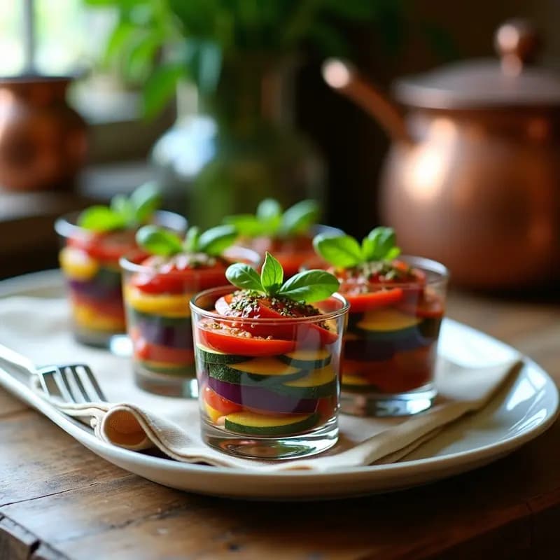 Cuatro vasitos de vidrio transparente con ratatouille francesa en capas: berenjena morada, calabacín verde y tomate rojo, horneados y decorados con hojas de albahaca fresca. Plato vegano y sin gluten ideal para tupper.