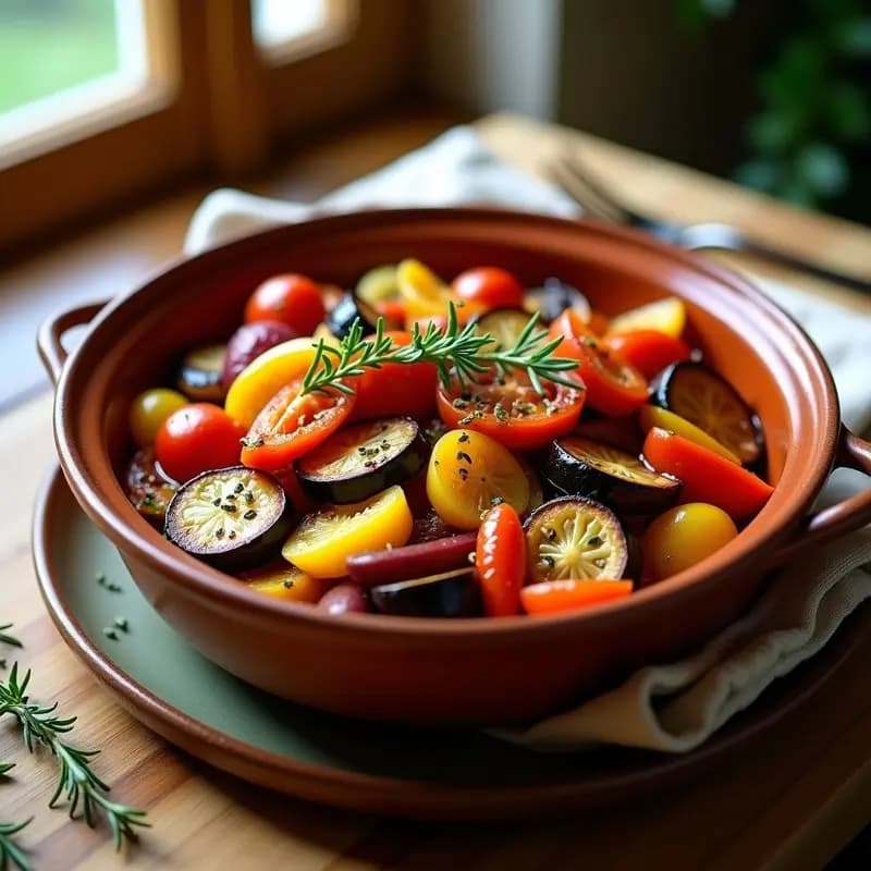 Cazuela de barro con ratatoille francés de verduras asadas, berenjenas y calabacines dorados, pimientos rojos y amarillos caramelizados, y tomates jugosos, espolvoreado con hierbas provenzales frescas. Plato vegano y sin gluten con fondo rústico de madera.