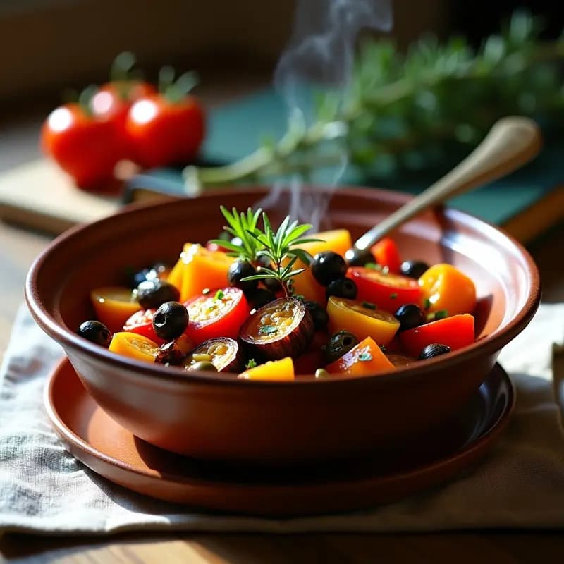 Plato hondo de barro con Ratatouille Provenzal en olla lenta: guiso de berenjena, calabacín, pimientos asados y tomates, decorado con alcaparras, aceitunas y hierbas frescas, con un hilo de aceite de oliva.