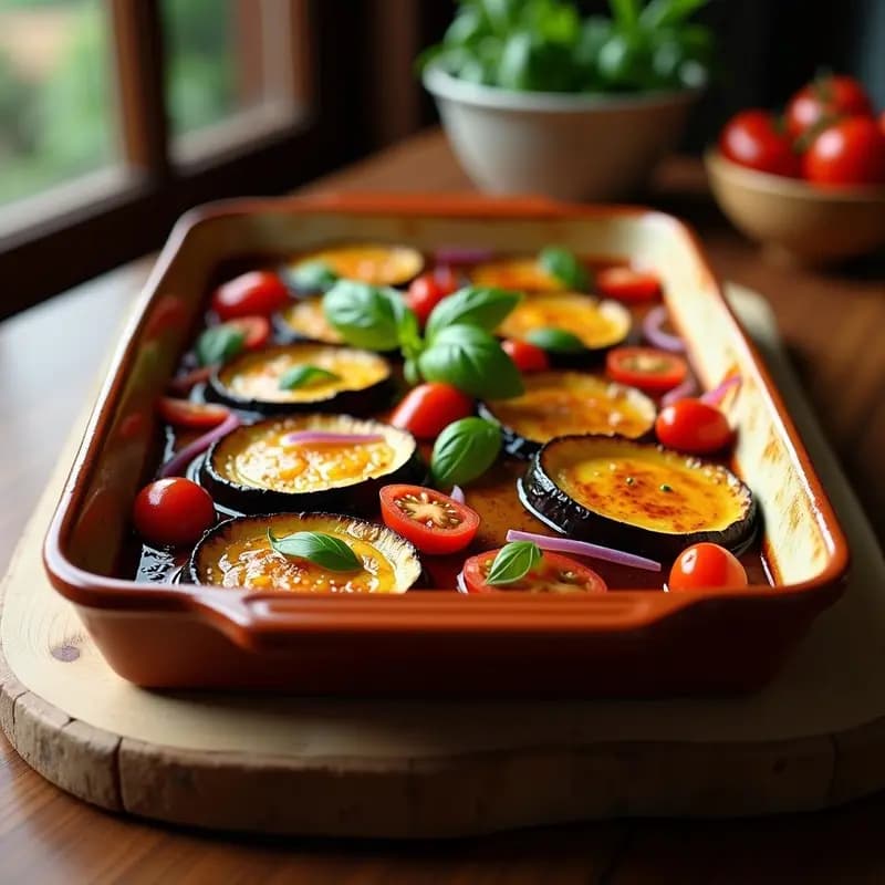 Fuente de horno rectangular con ratatouille francesa vegana al horno, capas concéntricas de berenjena, calabacín, tomate y pimiento rojo asados, decorada con hojas de albahaca fresca y un hilo de vinagre balsámico brillante.