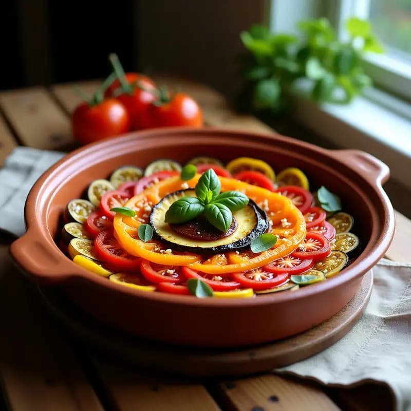 Fuente de horno rústica con ratatuille provenzal en capas de berenjena, calabacín, pimientos y tomate, bañada en salsa dorada de azafrán, decorada con almendras fileteadas tostadas y hierbas frescas.