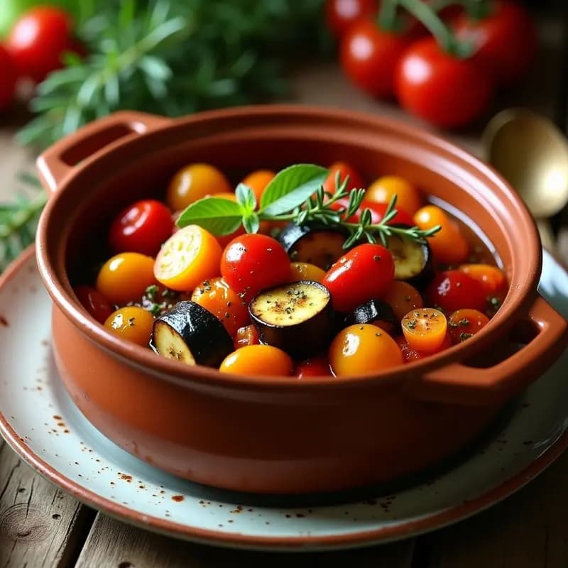 Olla de barro con ratatuille provenzal vegana, berenjena y calabacín en trozos dorados, bañados en salsa espesa de tomate y hierbas provenzales, servida en plato rústico de cerámica blanca con ramita de tomillo fresco.