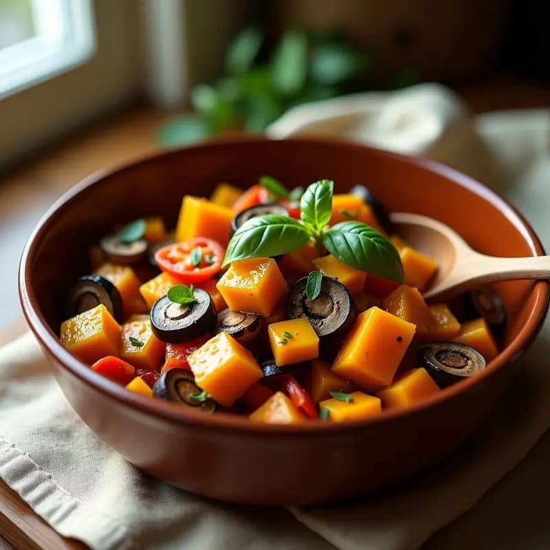 Plato hondo de barro con ratatuille de calabaza butternut y champiñones portobello en olla lenta, con trozos dorados de calabaza, láminas de portobello y hierbas frescas, servido sobre un mantel rústico de lino.