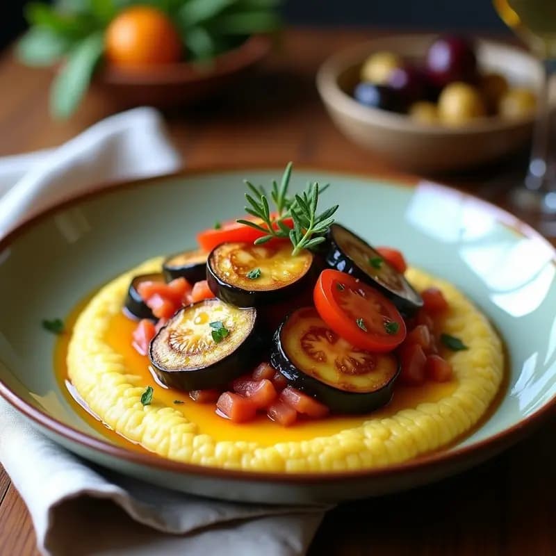 Plato hondo de cerámica blanca con ratatuille provenzal en capas de berenjena, calabacín, pimientos y tomates asados, servida sobre una base de polenta cremosa de color beige. Decorado con ramitas de tomillo fresco y un hilo de aceite de oliva. Fondo rústico con mantel de lino y hierbas aromáticas.