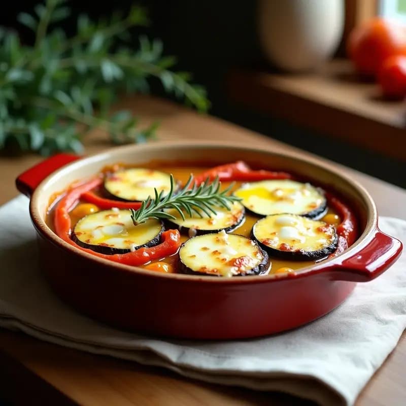 Fuente de horno rectangular con ratatuille al horno en capas de berenjena, calabacín, pimiento y tomate, coronada con queso de cabra dorado y fundido. Verduras tiernas con tonos vibrantes y un brillo dorado de aceite de oliva y miel. Receta francesa cremosa y saludable.
