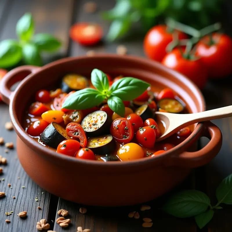 Cazuela de barro con Ratatuille Provenzal con Tomates Secos, guiso vegano de berenjena, calabacín y pimiento en salsa espesa con hierbas provenzales, servido con hojas de albahaca fresca.