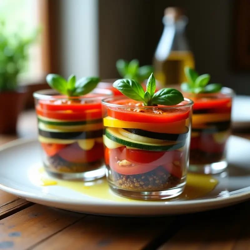 Seis vasitos de vidrio transparente con capas coloridas de ratatuille: berenjena morada, calabacín verde, pimiento rojo y tomate, horneados y decorados con hojas de albahaca fresca. Entrante francés vegano y sin gluten sobre una mesa de madera rústica.