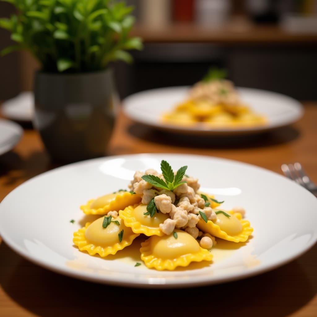 Plato blanco con ravioles cuadrados rellenos de calabaza y gorgonzola, bañados en salsa cremosa de nueces y salvia, servidos con nueces tostadas troceadas y decorados con una hoja de salvia fresca.