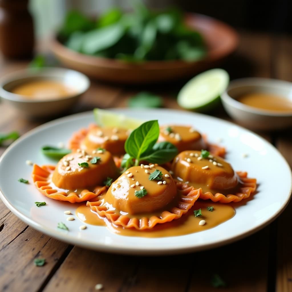 Plato blanco con ravioles dorados de camote morado y espinacas, bañados en salsa de cacahuete cremosa, espolvoreados con semillas de sésamo y acompañados de rodajas de lima, receta vegana en airfryer.