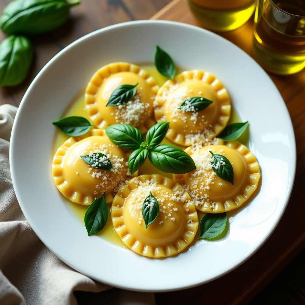 Plato blanco con ravioli de calabacín rellenos de requesón y albahaca en Thermomix, servidos con salsa de aceite y albahaca fresca, receta keto sin gluten.