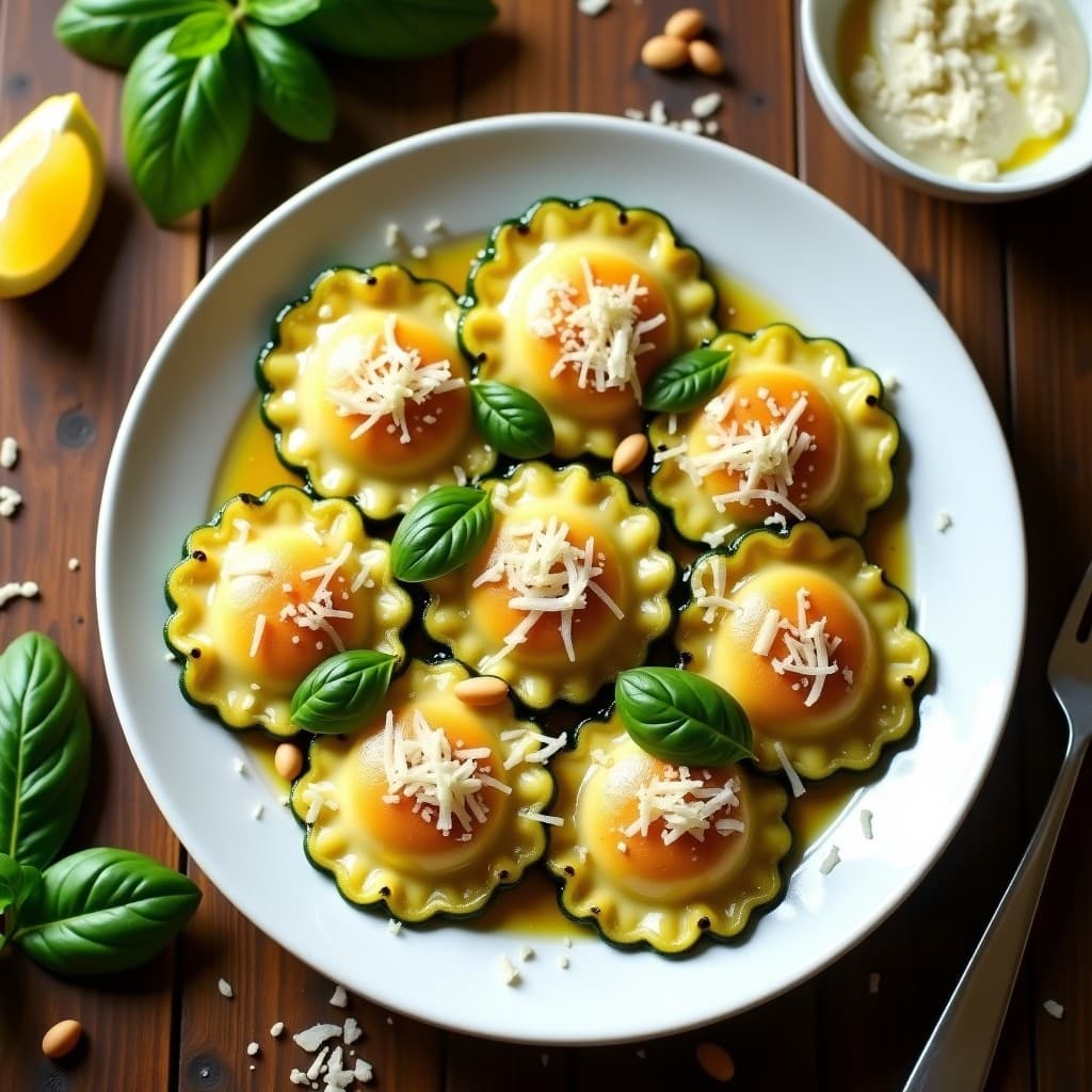 Ravioli de calabacín dorados y crujientes rellenos de ricotta cremosa y albahaca fresca, servidos en un plato blanco con virutas de parmesano y piñones tostados, receta keto en Airfryer.