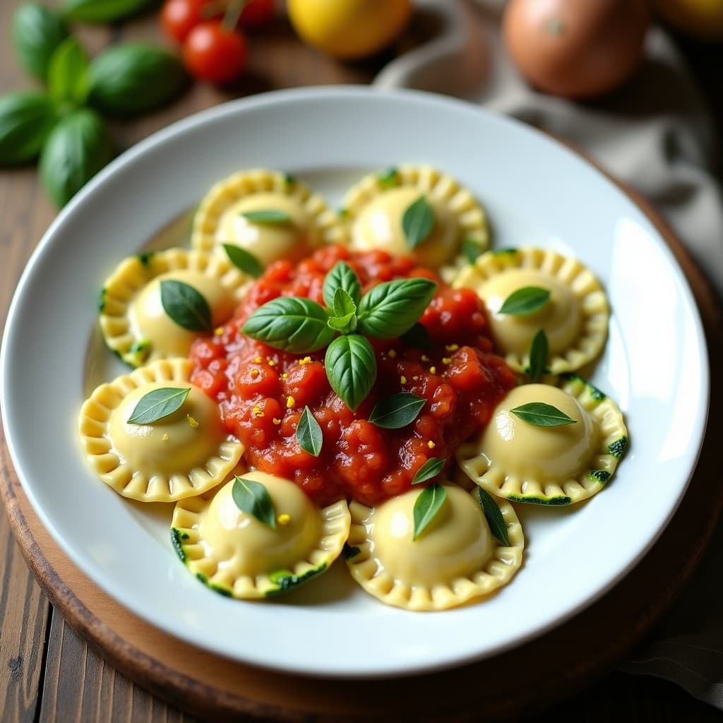 Plato blanco elegante con ravioli de calabacín rellenos de ricotta de almendra, bañados en salsa de tomate cherry y decorados con hojas de albahaca fresca y virutas de limón confitado. Receta italiana sin lactosa en Thermomix.