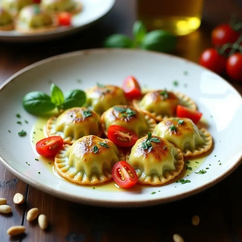 Plato blanco con ravioli de calabacín rellenos de ricotta de almendras y albahaca, decorados con tomates cherry y piñones tostados, receta italiana sin pasta.