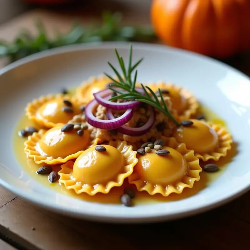 Plato blanco con ravioli de calabaza kabocha y queso de cacahuete dorados y crujientes, decorados con romero fresco y virutas de cacahuete, sobre fondo rústico de madera.