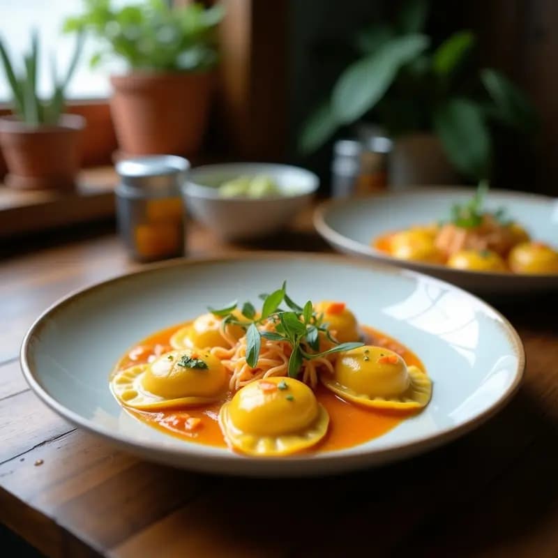 Plato blanco con ravioli de calabaza kabocha veganos, rellenos de queso de cáscara de piña, dispuestos en círculo con salsa ligera de cebolla morada y decorados con levadura nutricional y hojas de albahaca fresca.