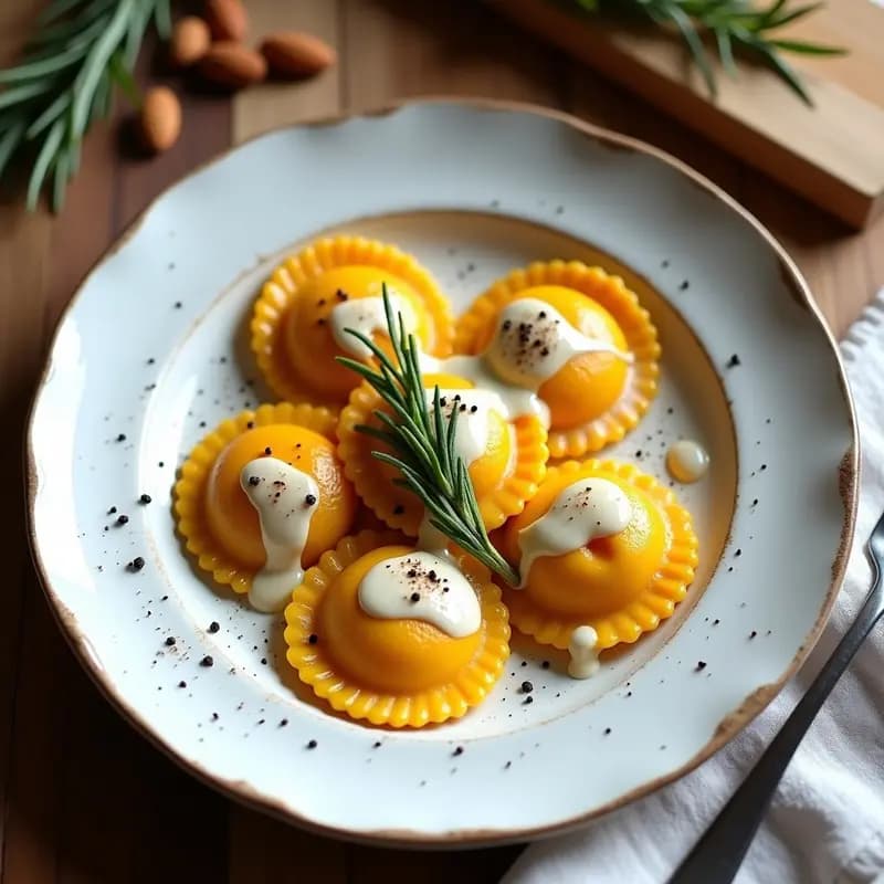 Plato blanco con ravioli de calabaza y ricotta de almendras keto, bañados en salsa dorada de mantequilla clarificada, salvia fresca y almendras fileteadas, servidos en un fondo rústico de madera con hierbas aromáticas.