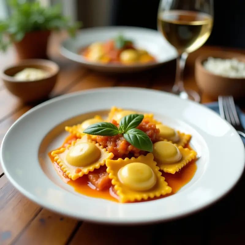 Plato blanco con ravioli de calabaza y ricotta vegetariana, dorados en sartén antiadherente, bañados en mantequilla y salvia fresca, con un toque de parmesano rallado y pimienta negra.