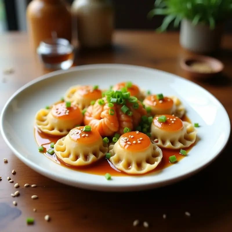 Plato blanco con ravioli chinos de camarón y jengibre dorados en wok, bañados en salsa de soja baja en sodio, decorados con brotes de soja y cebollino picado.
