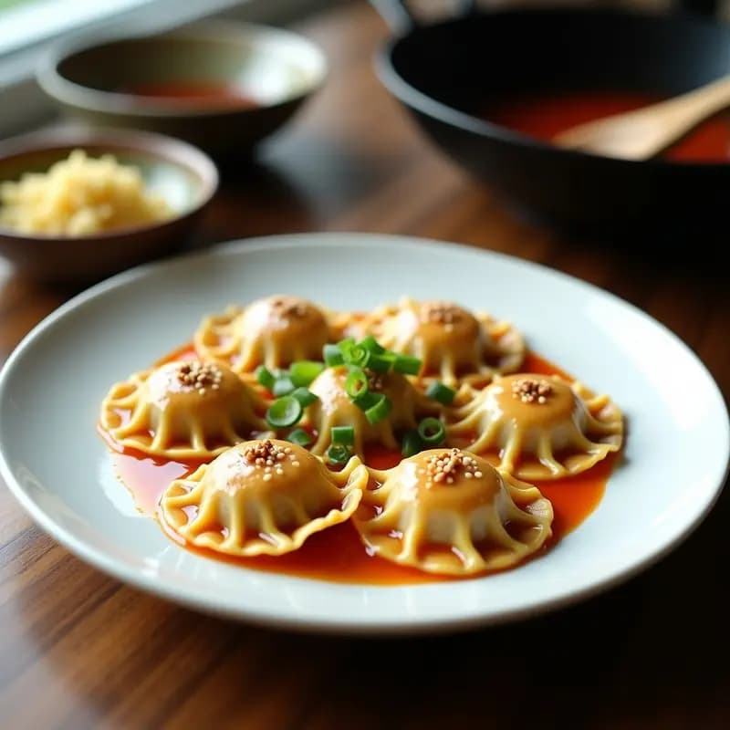Plato blanco con ravioli chinos de cerdo y jengibre dorados, bañados en salsa de sésamo oscuro, decorados con cebollino fresco y servidos en wok.