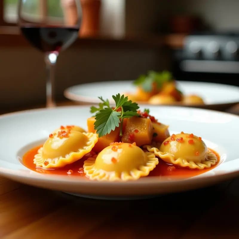 Ravioli chinos dorados en forma rectangular, rellenos de cerdo y repollo, bañados en una salsa de soja brillante y espesa, servidos en un plato oscuro con decoración de cebollino picado. Receta en sartén antiadherente.