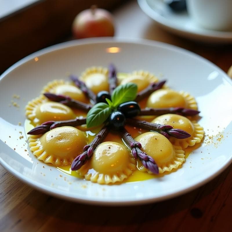 Plato blanco con ravioli de masa dorada rellenos de espárragos morados y queso de anacardos, espolvoreados con nuez moscada y acompañados de aceitunas negras y hojas de albahaca fresca. Receta vegana sin gluten.