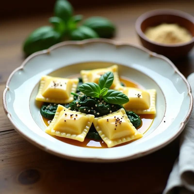 Plato blanco con ravioli caseros rellenos de espinacas y requesón de soja, bañados en salsa de mostaza y miel, decorados con pimienta negra y aceite de oliva virgen extra.