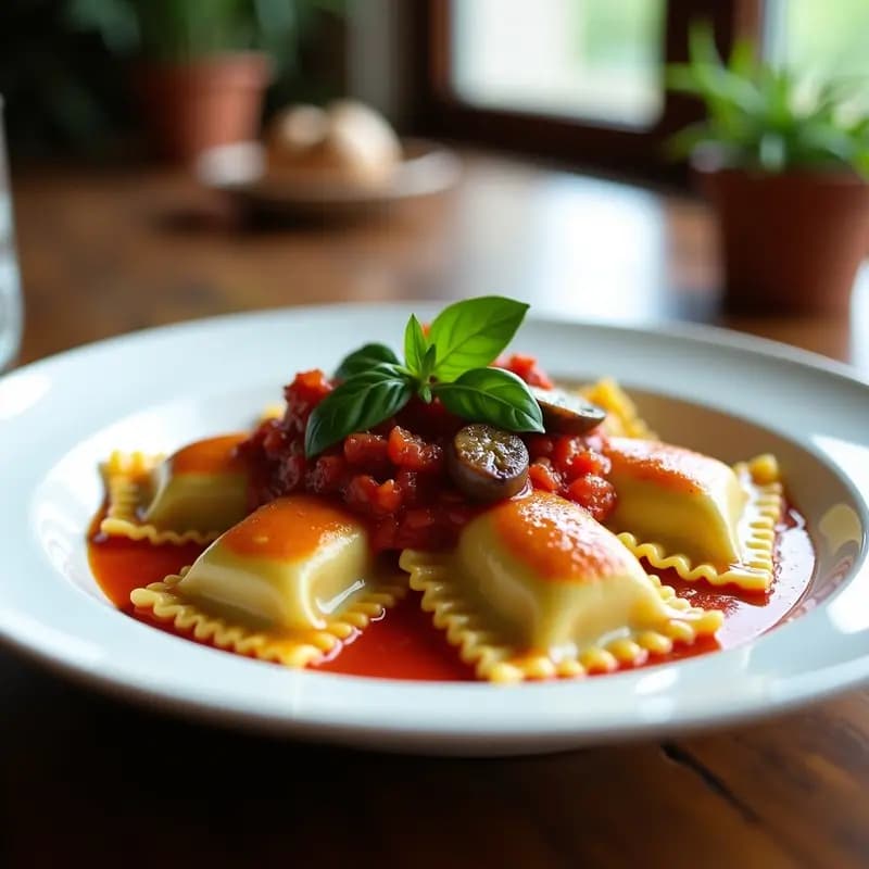 Plato blanco con ravioli veganos de hongos portobello y ricotta de almendras, servidos con espinacas salteadas y decorados con levadura nutricional y aceite de oliva virgen extra. Fondo rústico con mantel de lino y cubiertos de madera.
