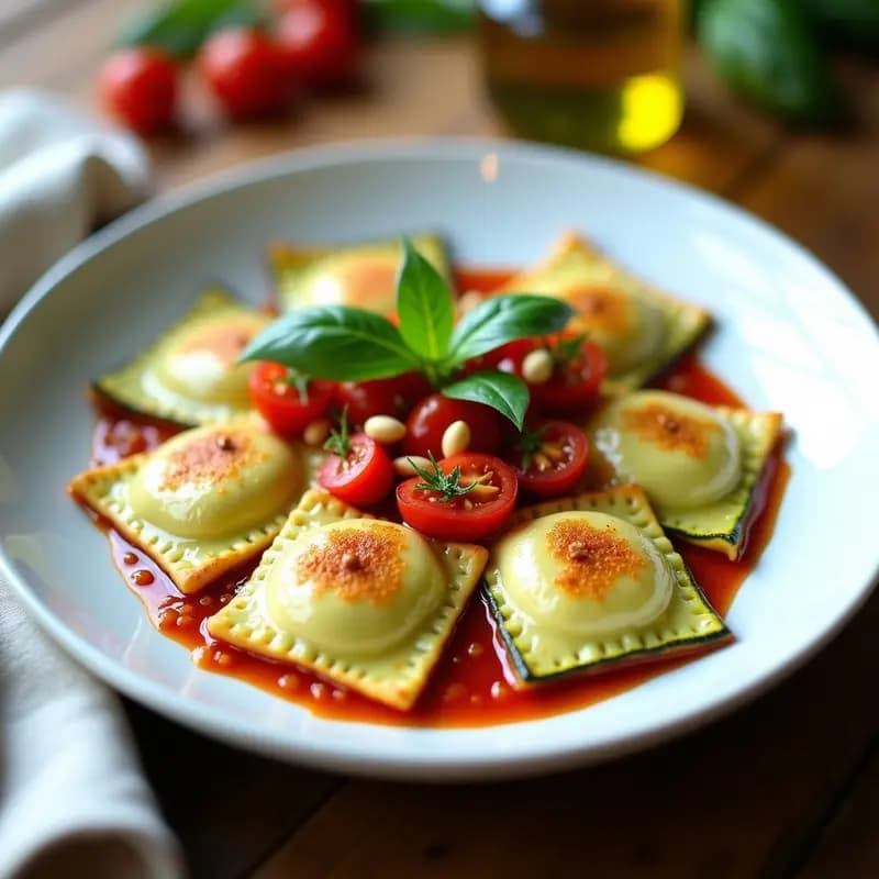 Plato blanco elegante con ravioli italiano de calabacín rellenos de ricotta de anacardos, decorados con tomates cherry asados y albahaca fresca, bañados en aceite de oliva virgen extra. Receta vegana y sin gluten.