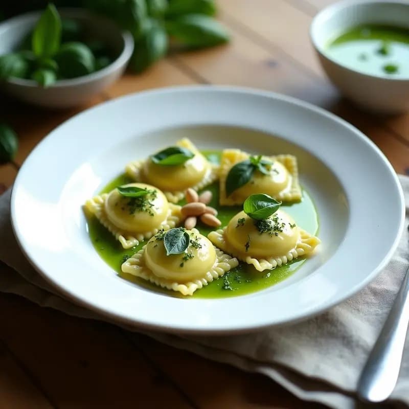Plato blanco elegante con raviolis de papaya verde y queso de cabra, bañados en salsa de albahaca verde brillante, decorados con piñones tostados y hojas de albahaca fresca. Receta de autor sin horno.