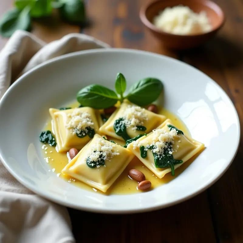 Plato blanco con ravioli rellenos de queso de cabra y espinacas, bañados en salsa de mantequilla y piñones tostados, espolvoreados con parmesano rallado y decorados con hojas de espinaca fresca. Receta italiana gourmet.
