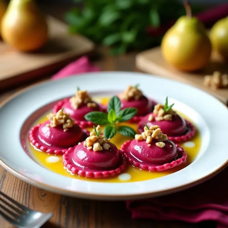 Plato blanco con raviolis de remolacha y ricotta de color rosa intenso, bañados en una salsa dorada de pero espesa, decorados con nueces picadas y hojas de salvia fresca, sobre un fondo rústico de madera.