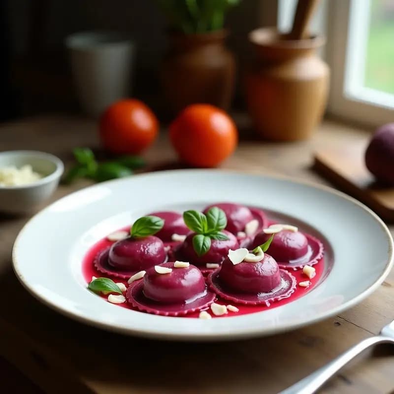 Plato blanco elegante con ravioli de remolacha y ricotta sin harina de trigo, de color rosado intenso, bañados en mantequilla clarificada y decorados con hojas de albahaca fresca y virutas de parmesano. Fondo borroso con utensilios de cocina de madera.
