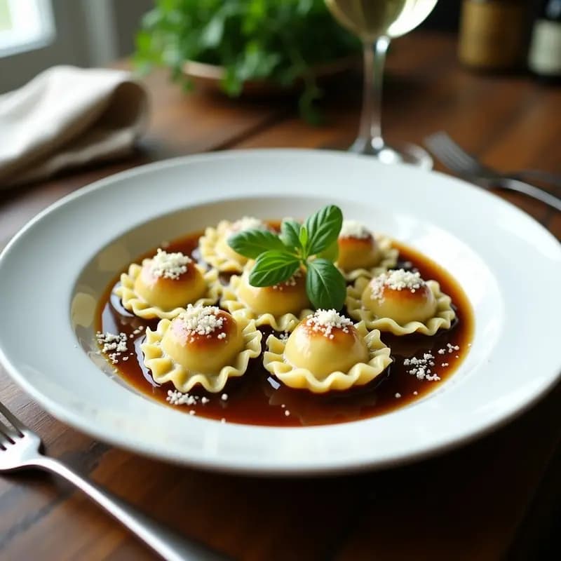 Plato blanco con ravioli de ricotta y espárragos bañados en salsa de mantequilla negra, espolvoreados con parmesano rallado y decorados con hojas de perejil, receta francesa gourmet.