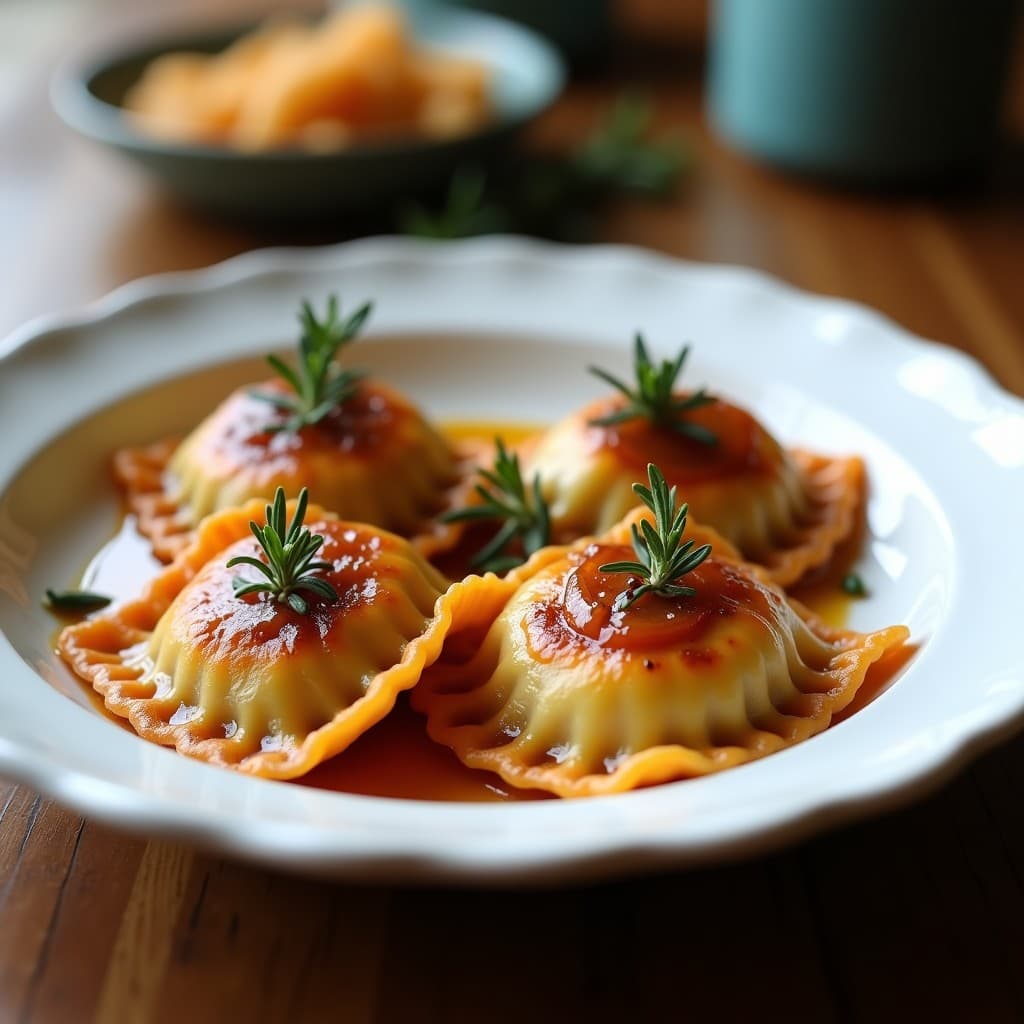 Plato blanco con raviolis de batata morada y gorgonzola dorados en airfryer, rellenos cremosos y cebolla morada caramelizada, decorados con romero fresco sobre fondo rústico de madera.