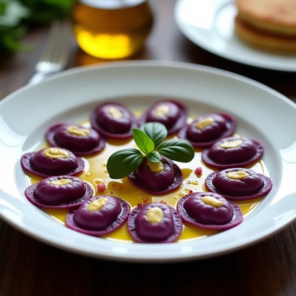 Plato blanco con raviolis de batata morada y queso de cúrcuma veganos, dispuestos en círculo con un relleno cremoso de color dorado asomando. Decorados con pimienta rosa, espinacas frescas y un hilo de aceite de oliva virgen extra sobre fondo rústico de madera oscura.