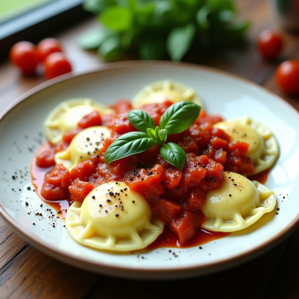 Plato blanco con raviolis de calabacín y queso de anacardos veganos, bañados en salsa de tomate seco y decorados con albahaca fresca, receta italiana saludable.