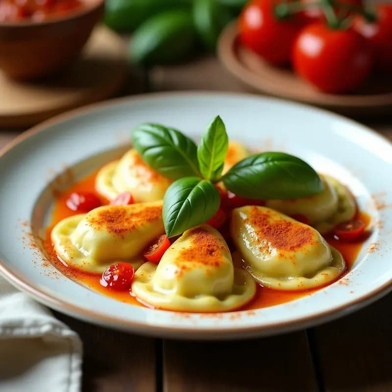 Plato blanco con raviolis de calabacín dorados en airfryer, rellenos de queso de cabra cremoso y tomates confitados, decorados con albahaca fresca y pimentón dulce, receta italiana sin gluten.