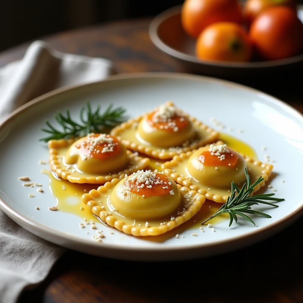 Plato blanco con raviolis de calabacín rellenos de queso de cacahuete y mermelada de higos, decorados con queso feta desmenuzado y hojas de menta fresca. Postre salado sin gluten con toque gourmet.