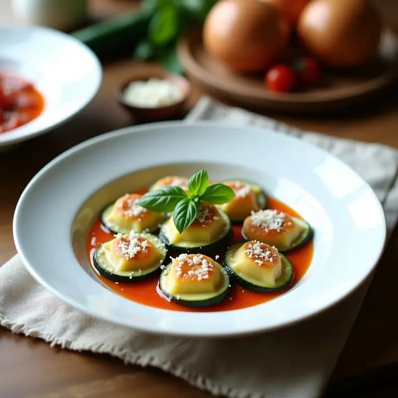 Plato blanco con raviolis de calabacín y queso de oveja sin gluten, dispuestos en círculo con salsa de tomate natural y albahaca fresca por encima. El calabacín se ve translúcido y el relleno cremoso asomando por los bordes.