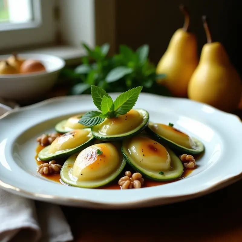 Plato blanco elegante con raviolis de calabacín rellenos de requefort y peras, decorados con nueces glaseadas, hojas de menta y hilo de vinagre balsámico glacé. Presentación gourmet de cocina francesa.