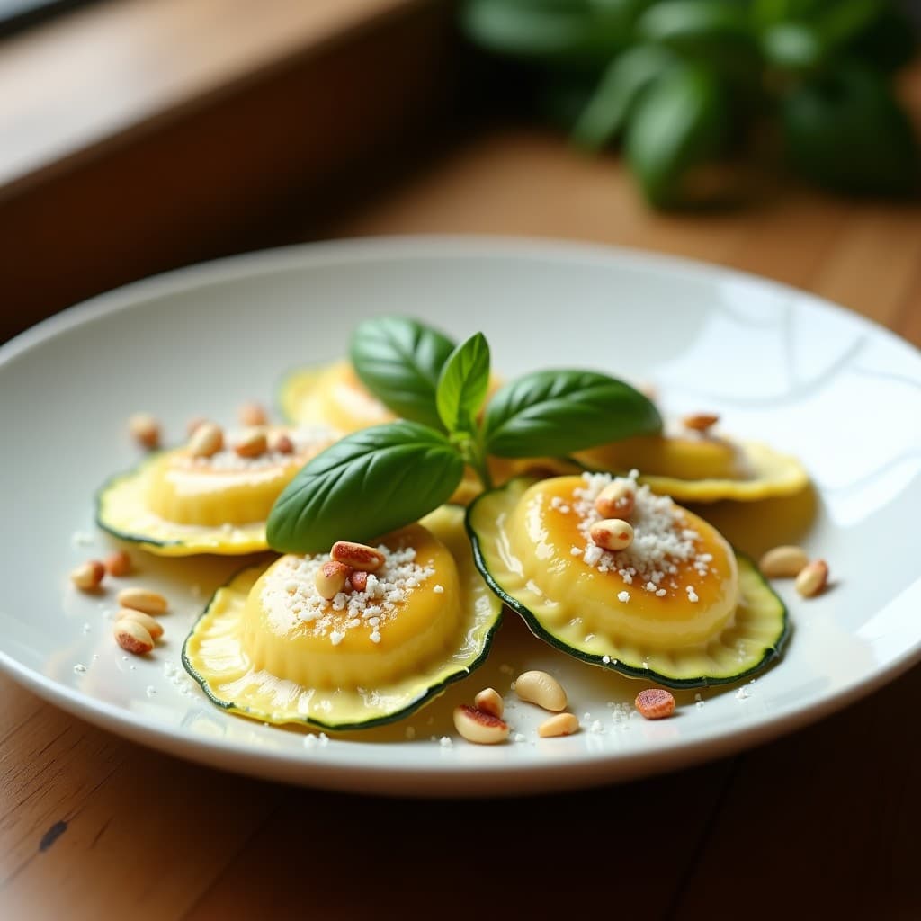 Raviolis de calabacín y requesón dorados en airfryer, servidos en plato blanco con parmesano rallado, piñones tostados y hojas de albahaca fresca, receta italiana sin pasta tradicional.