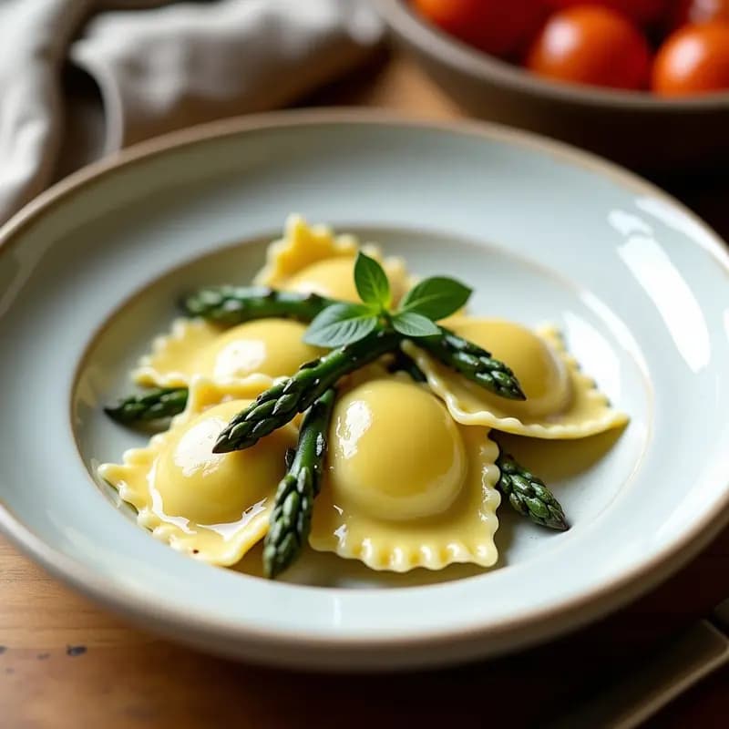 Plato blanco con raviolis de calabacín dorados horneados, rellenos de cremosa ricotta de almendras y espárragos trigueros, bañados en salsa de tomate casera y espolvoreados con queso parmesano y albahaca fresca. Receta italiana keto sin gluten.