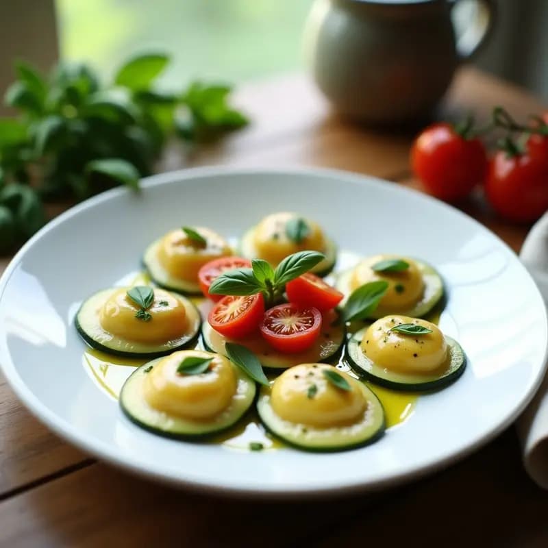 Plato blanco con raviolis de calabacín rellenos de ricotta de anacardos y albahaca, decorados con tomates cherry salteados y hojas de albahaca fresca. Receta italiana vegana.