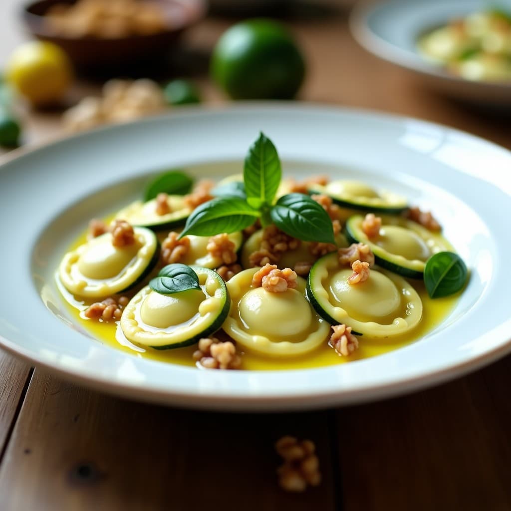 Plato blanco elegante con raviolis de calabacín rellenos de ricotta y limón, decorados con nueces picadas, albahaca fresca y un hilo de aceite de oliva virgen extra, sobre fondo rústico de madera.