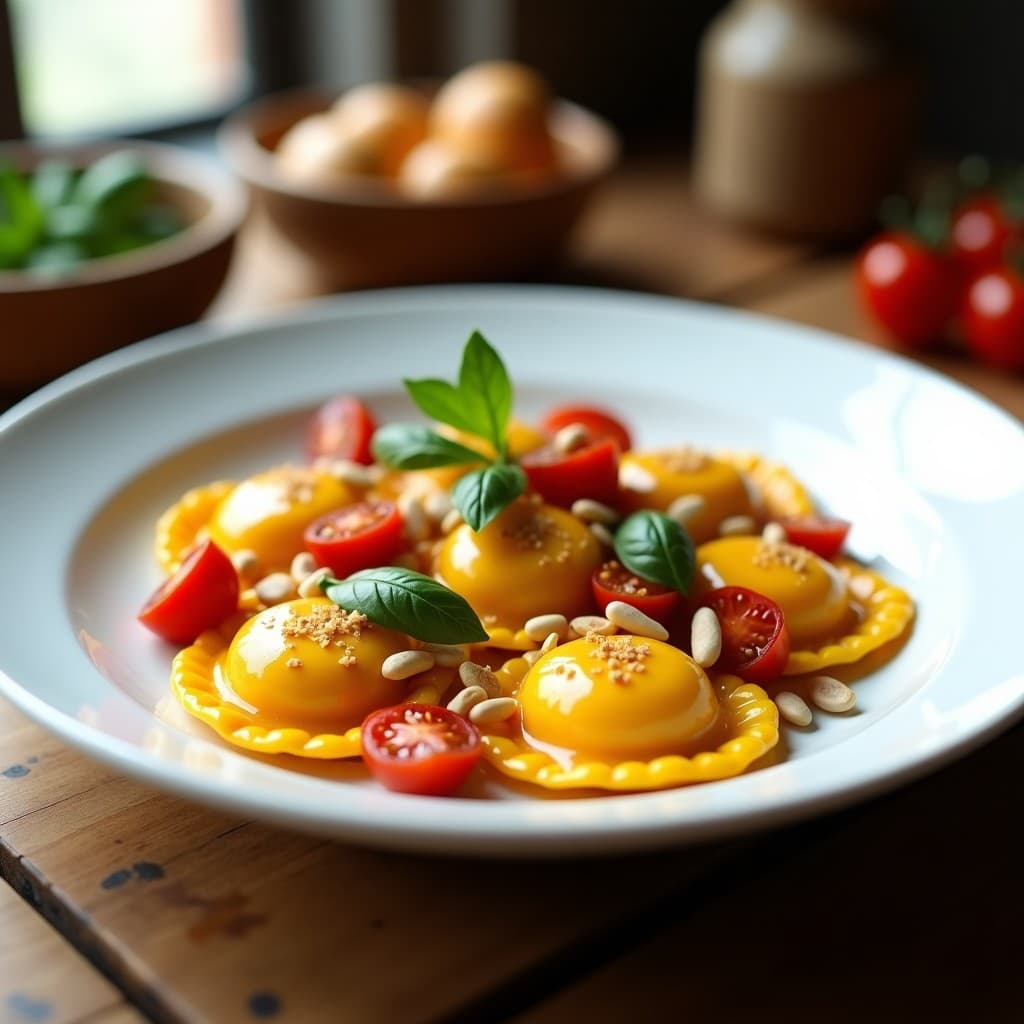 Plato blanco con raviolis de calabaza butternut y ricotta de almendras, bañados en salsa ligera de mantequilla de almendras y decorados con almendras fileteadas tostadas y hojas de salvia fresca. Receta sin gluten y sin lactosa.
