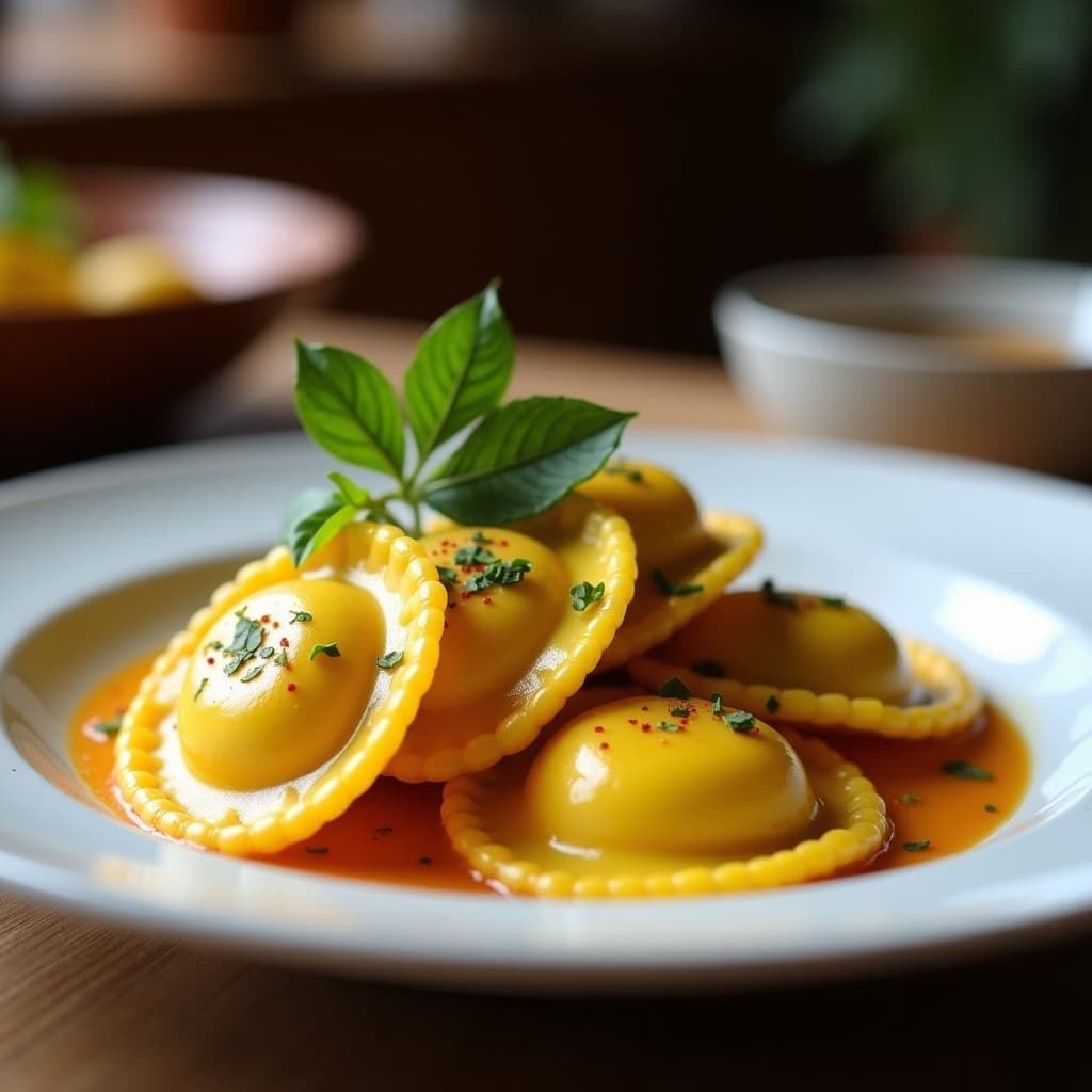 Plato blanco con raviolis de calabaza kabocha y queso de castaña bañados en salsa de polvo de hongos, decorados con hojas de salvia fritas. Receta italiana sin gluten.